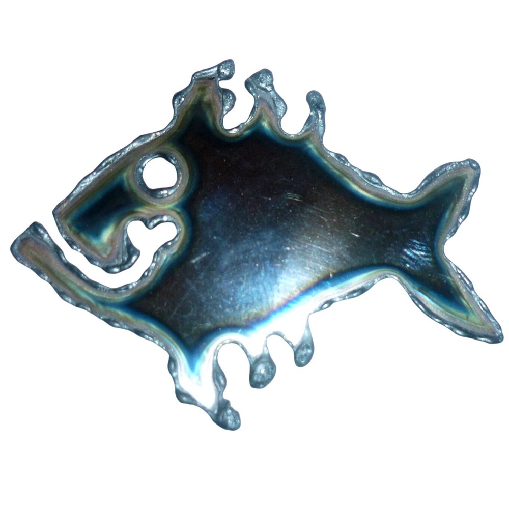 Vintage Brutalist Torch Cut Fish Brooch Iridescent Flame Painted Piranha Pin